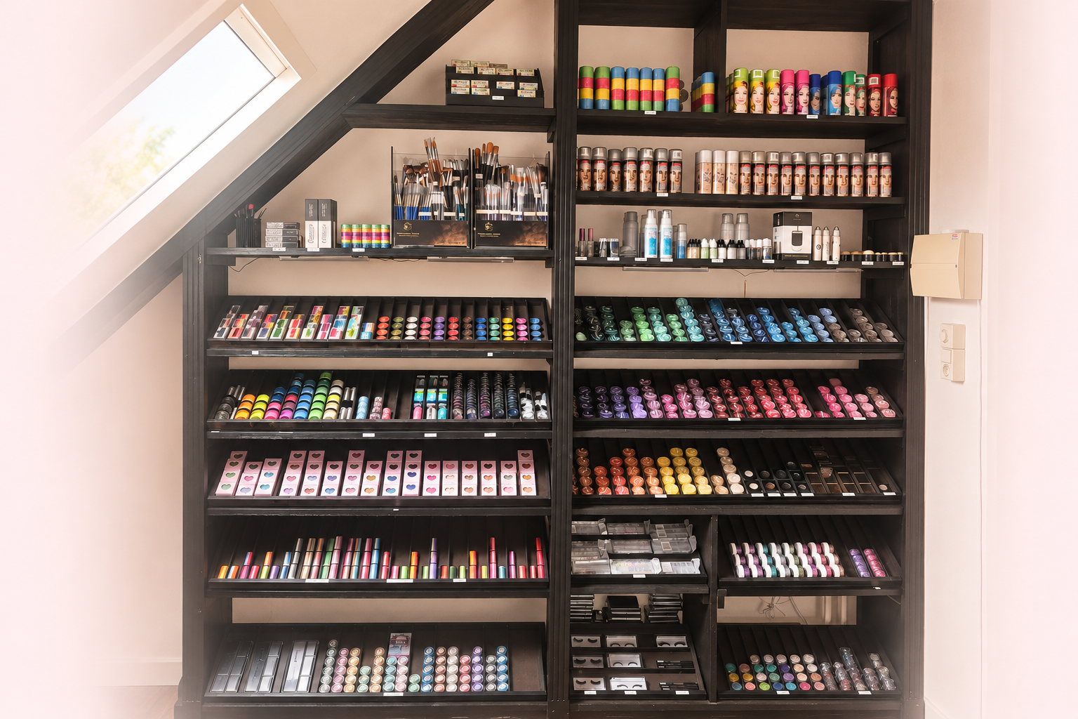 Het GLOW make-up- en schminkwinkeltje met zwarte schappen vol schmink, penselen en make-upproducten
